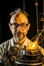 Placeholder: Portrait of a man with a radio helmet on his head. Wearing glasses. A small beard of pepper and salt. He is bald. White. He is a metal fan and. Flames surround him. In the background, a robot gives him a finger of honor.