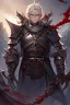 Placeholder: Armored Male Blood Knight Elf by manhwa or korean webtoon style there are lightning and blood spurts around the man, his face pointed at the camera, and with a serious look he lets his opponent know that it's his turn