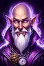 Placeholder: Generate a dungeons and dragons character portrait of the face of a male human wizard with a bald head, a long white beard, and purple eyes. He is smirking and glowing with magical energy. He looks mischievous and is smirking. He loves cocaine. He is holding a watch on a chain.