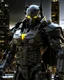 Placeholder: Create an image of a Batman Robot in a highly detailed and advanced armored suit, similar to the one shown but with even more intricate designs and cool features. The armor should have a sleek, futuristic look with glowing elements and enhanced gadgets visible on the suit. The setting is at dusk in an urban environment, with the character standing on a high-rise building overlooking a cityscape that reflects the advanced technology of the world they are protecting.