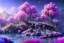 Placeholder: monde en fleurs, blue lake, flower tree-houses, concept art, crépuscule , fuksia bleu oranger, vibrant Color, réaliste, riviere bleu, tree-house wisteria, roses