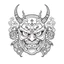 Placeholder: White, minimalis line art , oni mask japanes funny , vector, white background, outline, with images neatly contained within the background, just black and white color, tatto style.