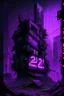 Placeholder: pos-apocalyptic cyberpunk city with destroyed buildings, a plubicity showing the number "2222", illuminated purple neon, dark, high contrast