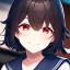 Placeholder: Clear focus,High resolution, black short fluffy hair, long fluffy bangs, and red eyes, Depressed girl, wearing a sailor uniform, Smug smile, half closed eyes, smile, Extreme close up,