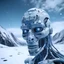 Placeholder: a futuristic humanoid robot face, made of bluish stone, winter cold background, snowy,