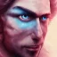 Placeholder: portrait homme, visage , roi fantasy , grands yeux bleus, fantasy, bleu et rose