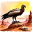 Placeholder: Nature watercolor heavily diffused with long rough brush strokes, surreally stylish, featuring an impression of a fantastical sinister vulture standing on a boulder in the painted desert, sunset, dramatic shadows, complex contrast, reminiscent of Frank Frazetta's style, enigmatic, with a subtle outline of a skull half buried in the sand.