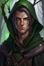 Placeholder: Portrait of 35 year old gender neutral rogue elf, thief assassin, messy mauve hair, bright green eyes, brown skin, black hood, black leather armor, messy, disheveled, trees, sneaky, bow and arrows, long and lean