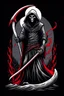 Placeholder: hooded Grim-Reaper gripping scythe, vignette, black and white graphic novel style with a red outline, and black background,