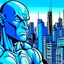 Placeholder: comic book character closeup city background