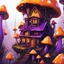 Placeholder: A weird mushroom house with drippy spots on a floating space island. black orange yellow purple. Detailed gloss Painting, rich color, fantastical, intricate detail, splash screen, hyperdetailed, insane depth, concept art, 8k resolution, trending on artstation