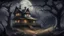 Placeholder: an abandoned house at night landscape painting, darkened forest under a moonlit sky, ghosts and jack-o-lanterns glowing among the bare trees, an abandoned house on a distant hill, hints of mystery and the supernatural in the shadows --v 5.2