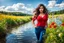 Placeholder: beautiful girl supper model, in nice red top ,blue pants, with curvy hair,perfect face,perfect eyes,country side wavy narrow river ,wild flowers ,blue sky nice clouds,walk in water with splash