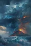 Placeholder: Stormy sea and menacing sky with a volcano erupting