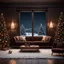 Placeholder: Hyper Realistic Dark Brown Living Room With Small Empty Wooden Frame & Fancy Velvet Furniture & Christmas Decoration at snowfall night from window view