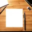 Placeholder: Art Studio Desk with a blank piece of papier, realistic art supplies, realistic drawing, top view, studio light, zoom out to see part of the desk.