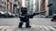 Placeholder: A more rounded lego man, all dressed in black military helmet and outfit, kneeling and aiming an m4 gun, in an urban environment