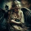 Placeholder: In a lucid dream I meet a fallen angel, blindfolded with old cotton rags, blond wild hair, tired and disconsolate, an old cartoon dress draped over her shoulders, head bent down, damaged skin. She is accompanied by a blind crow on her shoulder. Subtle light, dark grunge background, a grunge overlay. Small depth of field, blurred image. Surrealistic lighting.