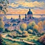 Placeholder: art by "Armand Guillaumin Berthe Morisot", painting, landscape , Feigned The City with arches and domes, at Dawn, Illustration, Hopeless, 70s Science Fiction, Provia, overly complex style