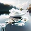 Placeholder: Floating house on the shore of a lake water plants and flowers Zaha Hadid style white ink art creamy glasses creative 8k