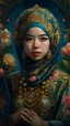 Placeholder: Beautiful face Indonesia hijaber Princess front view portrait, adorned with giant Jasmine, and lily flower ,roses , golden pearls , zafir gemstone headress, wearing floral, lace, pearls, zafirs ornate indonesia costume, organic bio spinal ribbed detail of Indonesia style full jasmin and rose and persian garden background by the moonlight extremely detailed hyperrealistic maximalist portrait art, 8k, UHD