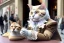 Placeholder: Mature cats dressed like "Wolfgang Amadeus Mozart", paws, playing music, street, Vienna, friendly, sunny day, model style, hyper realistic, extremely accurate, delicate, extremely detailed, Graphic novel style, wide-angle, open aperture, superfine pencil