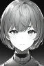 Placeholder: short hair girl passed out, close-up, greyscale