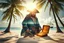 Placeholder: create a surreal double exposure portrait of a pirate on a sunlit tropical beach, open treasure chest half-buried in sand with glowing coins. Coconut palms sway behind, pirate ship anchored in the sea. The pirate’s body and coat are filled with the island scene: treasure, ocean and sky blend into his form. Soft haze and golden light, dreamlike tropical atmosphere, symbolic and cinematic --v 7 --style raw --ar 16:9