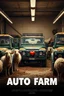 Placeholder: Design an early 2000s-style romantic comedy movie poster titled 'Auto Farm.' Create a whimsical, low-resolution 'CCTV footage' using an old 80s Sony camera. Depict a quirky, clandestine garage where humorous and unexpected events unfold. Surround the scene with charming, mud-splattered Land Rovers, while playful sheep with human arms and mischievous expressions roam around. Add a light-hearted atmosphere with soft shadows and a sense of romantic adventure. Include elements like heart-shaped tool