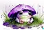 Placeholder: 3D close-up of a very cute fluffy plushy chibi plush frog hiding from the rain under a red white spotted mushroom in the forest, puddles in front, grass and violets next to him, 3d effect melting watercolour on wet inked paper, black ink outline in sunshine, ethereal, cinematic postprocessing