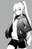 Placeholder: blonde girl with ponytails dressed in a jacket and shorts walks proudly, greyscale