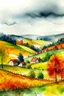 Placeholder: Autumn Czech valley in the rain. - Watercolor and watercolor painted style - Jenna Rainey style