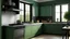 Placeholder: kitchen with celadon and dark green furniture, on the left side by the window from the bottom up, a microwave and an oven installed in the furniture, and on the right side and next to it an induction hob and a cooker hood above it, on the right side there is a sink and a dishwasher underneath it