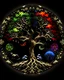 Placeholder: The tree of life consists of four seasons: spring, summer, autumn, winter, light, time, darkness, star, moon, sun, yang-ying, water, wind, soil, fire, love, blue magic mushroom, and lion symbol.