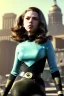 Placeholder: retro portrait image from 1960, city background, wind, long hair, fighting stance, young Scarlett Johansson, classic black tight lycra suit, metal stick weapon, gold bracelet and belt, high heel boots, soft color, highly detailed, unreal engine 5, ray tracing, RTX, lumen lighting, ultra detail, volumetric lighting, 3d, finely drawn, high definition, high resolution.