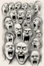 Placeholder: sketch line, rought, of many faces on a pages, screaming and sad, demented, mad, journal