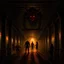 Placeholder: 4 demons lurking in the shadows under a bridge, giant demon standing on a bridge, digital artwork
