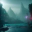 Placeholder: sci-fi city underwater with pyramids and ancient writings, mood is gloomy, colors include blue and red and green, shafts of lighting, mist, , photorealistic, concept art, volumetric light, cinematic