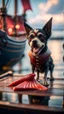 Placeholder: portrait of a vampire dog sucking the blood of fish on a viking ship, on a glass pier ,bokeh like f/0.8, tilt-shift lens 8k, high detail, smooth render, down-light, unreal engine, prize winning