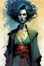 Placeholder: create a wildly imaginative full body portrait of an ethereal, otherworldly , gnarled and emaciated ancient antediluvian female vampire sorceress with extremely short hair in ragged , decayed ornate robes , in the comic book art style of Bill Sienkiewicz, Mike Mignola, and Jean Giraud Moebius, with highly detailed feminine facial features , finely drawn, colored and inked,