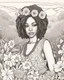 Placeholder: a coloring page in the outline ink style: the close-up face of an adult africaan girl surrounded by flowers, leaning towards the viewer, with a natural landscape in the background. In the style of Tim Burton, black graphic outlines, no shadows and clear and well outlined, gradients, in a rough style