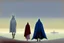 Placeholder: two people in capes and hoods seen from behind walking side by side in an empty foggy plain, above there is blue sky by artist "Leonora Carrington",by artist "Christian Schloe",by artist "Kay Sage"