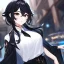 Placeholder: Clear focus, High resolution, short black hair, white and black hair, 2 hair colors, black eyes, wearing a black jacket and a white shirt, wearing a black skirt, 1girl, Genshin impact, long locks, long eyelashes, black tie