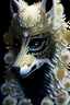 Placeholder: white and gold bioluminescence gradient Wolf portrait, textured detailed fur adorned with bioluminescence malachit colour rennaisance style black and white and Golden pearls, beads and black diamond headdress and masque, black lily florals, organic bio spinal ribbed detail of detailed creative rennaisance style ornate lwhite colour florwers background moonlight background extremely detailed hyperrealistic maximálist concept art