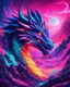 Placeholder: Dragon in a vibrant synthwave dreamscape, neon chaos swirling energetically around pixelated forms, a dynamic fusion of retro gaming nostalgia and futuristic abstraction