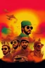 Placeholder: A poster of an arab movie, featuring a lot of arabs with sunglases, explosions, cars. The movie poster is in the style of indiana jones. Theres is a big title, rainbow colors.