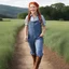 Placeholder: grown up Pippi Longstocking with her iconic long braids, the adult version, in Santiago boots. Always having fun, that's the key. The iconic redhead is wearing a pair of blue gingham short overalls, now a grown woman with tales of adventure in the fields. An untamed spirit, wild and free, she wanders with a mischievous glint in her eye. Her laughter echoed like music in the air, with her magnetic energy.