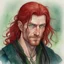 Placeholder: dnd, fantasy, watercolour, large strokes, stylistic, portrait, illustration, dull colours, male, face, narrow long face, weathered face, green eyes, determined, smiling, red hair, very long hair streaming down the shoulders, radiating light, five o'clock shadow