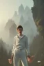 Placeholder: croc magnon portrait , white jogging suite, at dawn by atey ghailan, golden light , holding leaves and flowers , angels background, volumetric light, high detail, pink leaf tree, mountains in background, perfect