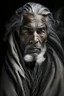 Placeholder: a photo of an Berber man with ethnic jewelry, grey hair and grey flowing robe, in style of Annie Leibovitz, contemporary portrait of a mature yet beautiful and modernist man, black and grey, detailed masculine face, swirling fluid smokey enigma, award-winning artwork